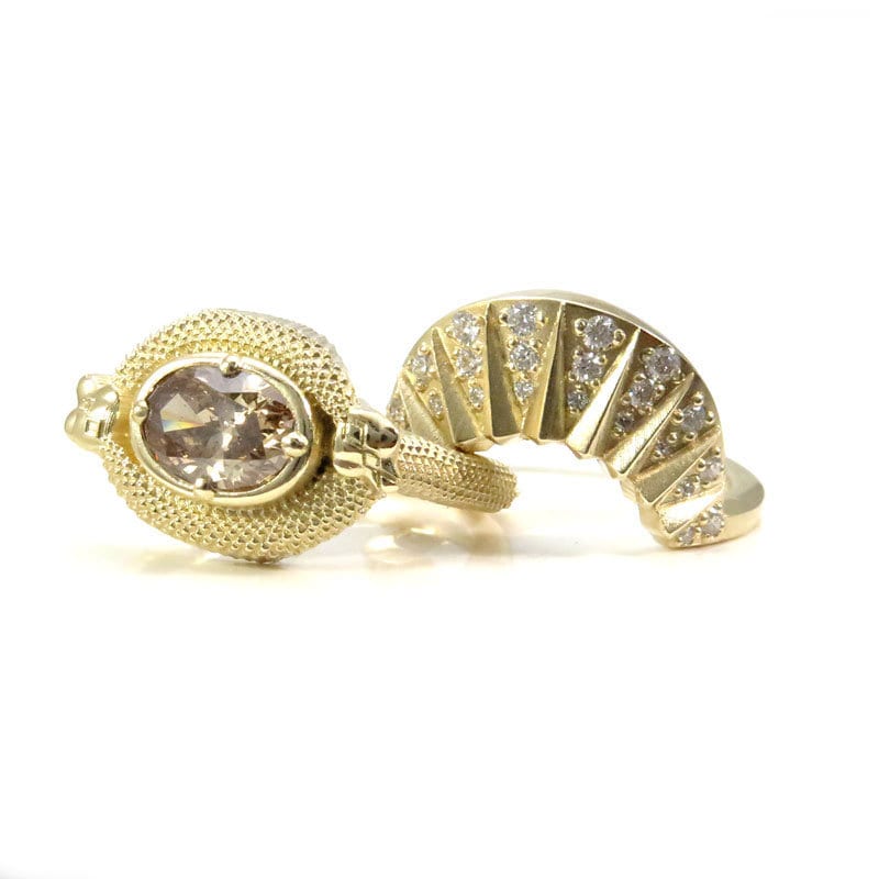 Ready to Ship Size 6 - 8 - Double Trouble Snake Engagement Ring with Natural Oval Champage Diamond - 14k Yellow Gold - Diamond Sunrise Band - Image 9