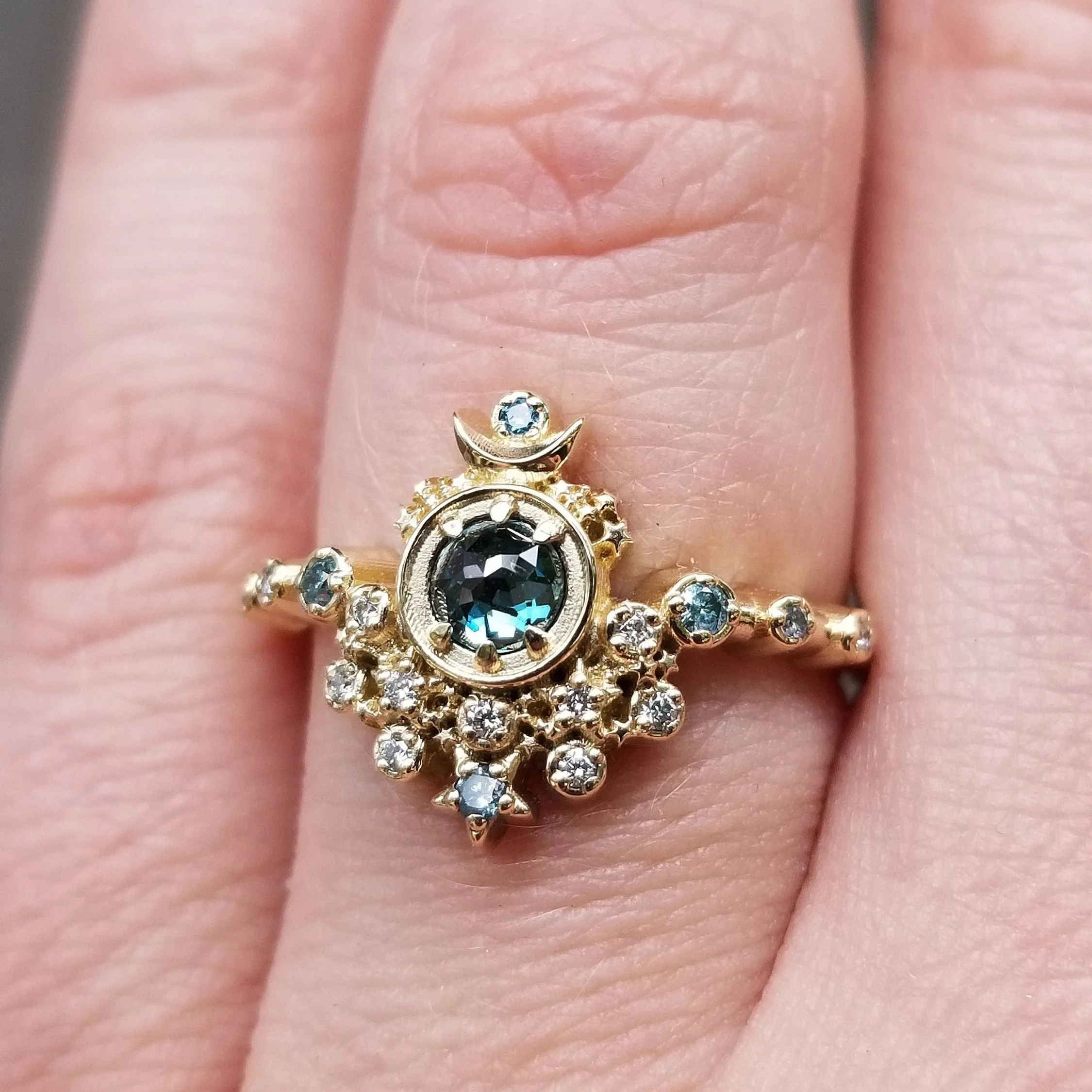 Ready to Ship Size 6 - 8 - Rose Cut Blue Diamond Moon Witch Engagement Ring Set with Sunray - 14k Yellow Gold Gothic Unique Handmade Jewelry - Image 4