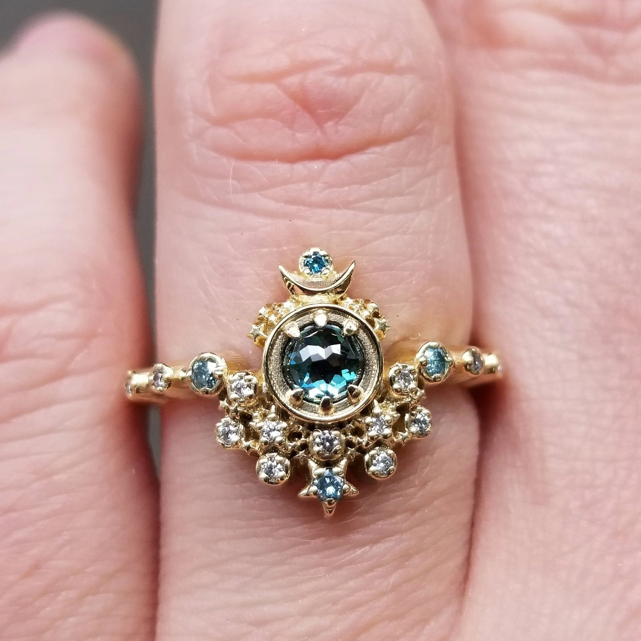 Ready to Ship Size 6 - 8 - Rose Cut Blue Diamond Moon Witch Engagement Ring Set with Sunray - 14k Yellow Gold Gothic Unique Handmade Jewelry - Image 7