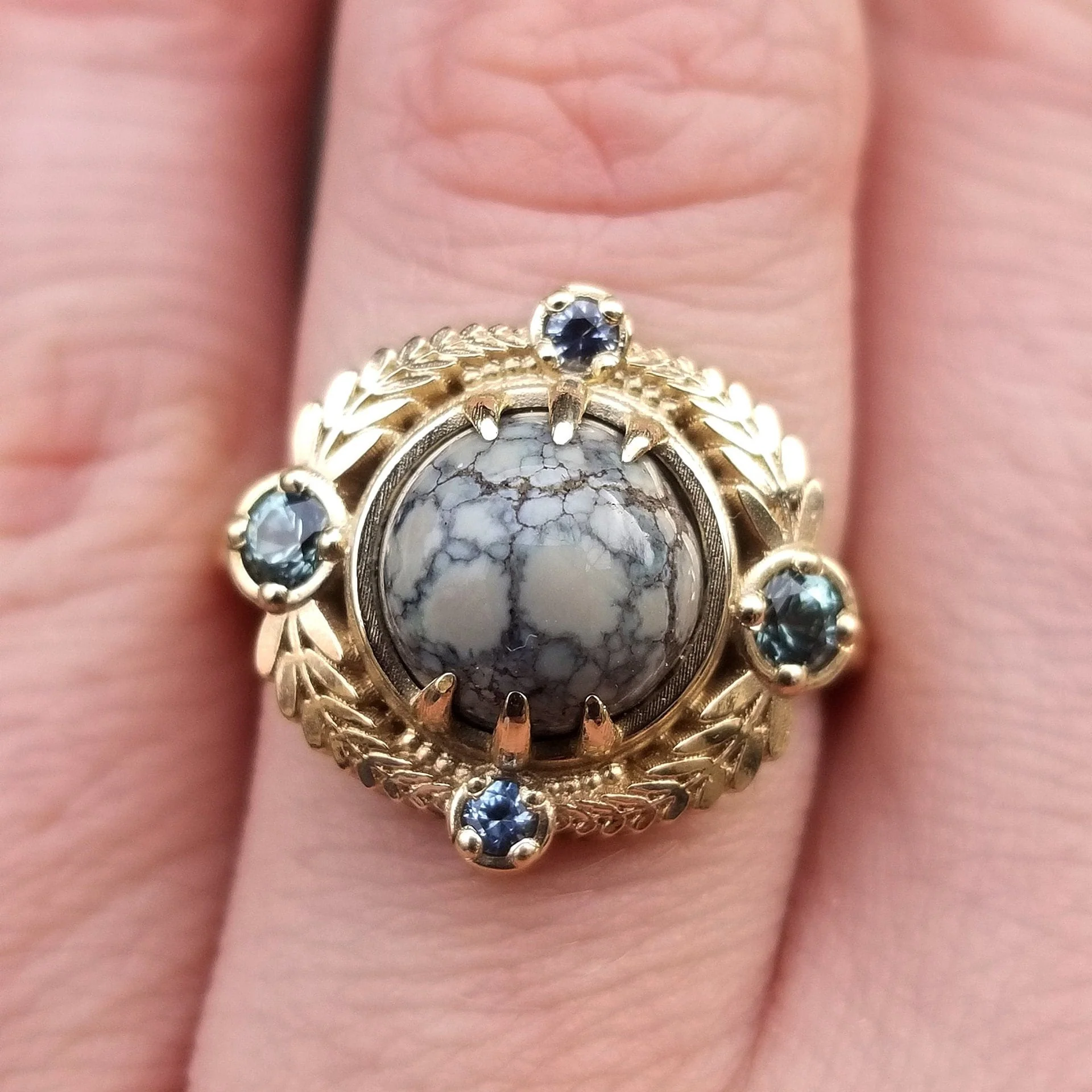Ready to Ship Size 6 - 8 - Variscite Leaf Ring with Montana Sapphires - 14k Yellow Gold - Image 10
