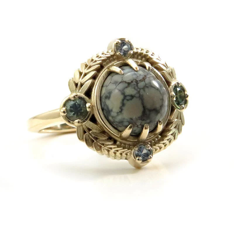 Ready to Ship Size 6 - 8 - Variscite Leaf Ring with Montana Sapphires - 14k Yellow Gold - Image 5