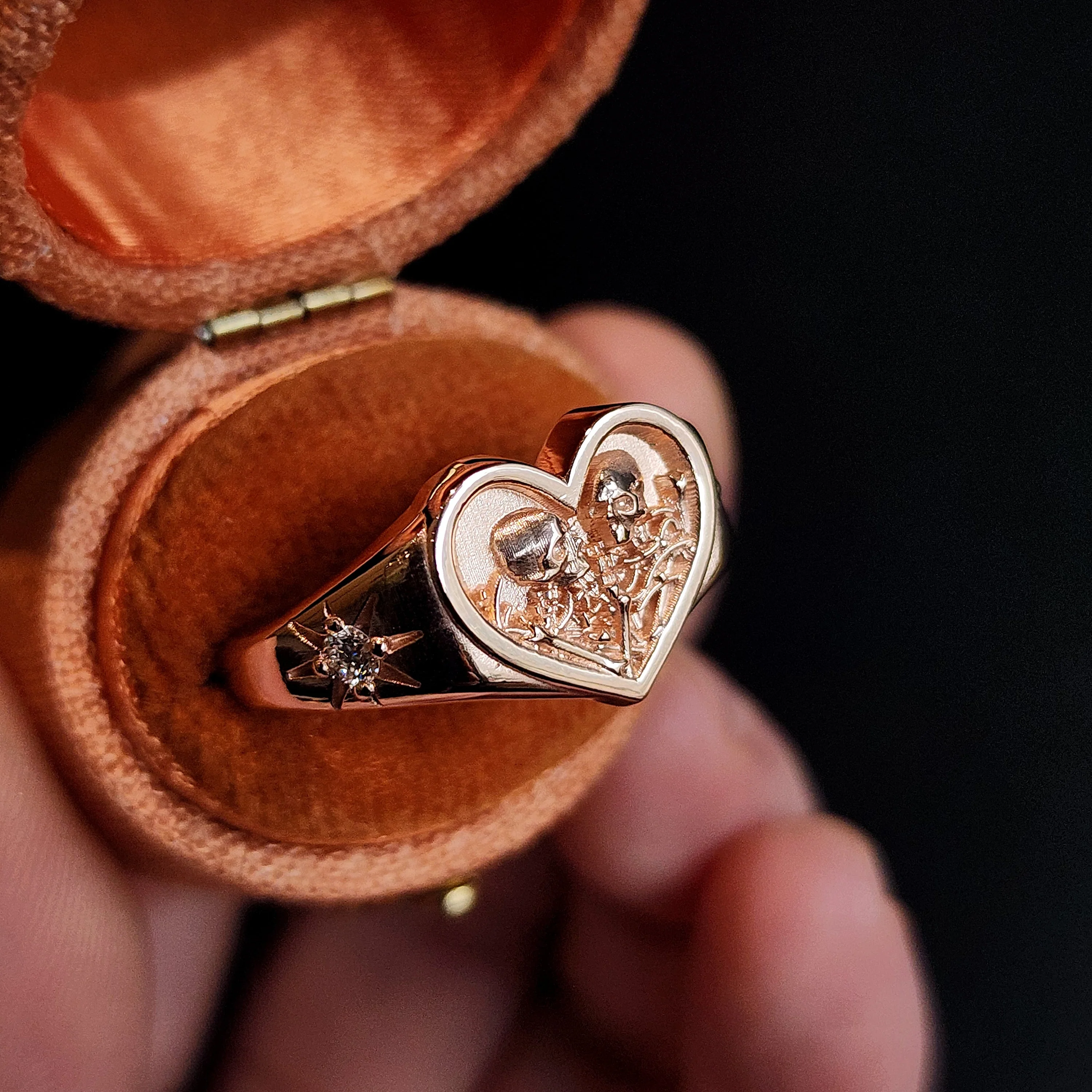 Ready to Ship Size 8-10 - 14k Rose Gold Heart Signet Ring The Lovers Skeleton Final Embrace - Gothic Romantic Engagement Ring with Diamonds - Image 6