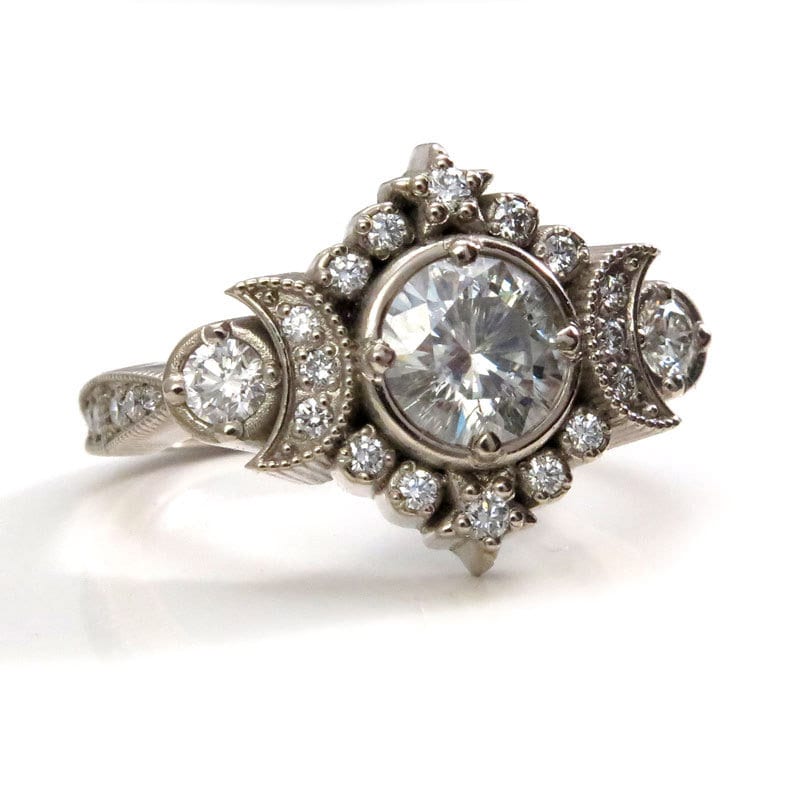 Selene Moon Goddess Engagement Ring Diamond Lunar Boho Wedding -14k Gold - Image 3