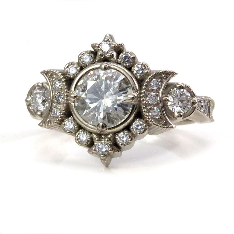 Selene Moon Goddess Engagement Ring Diamond Lunar Boho Wedding -14k Gold - Image 4