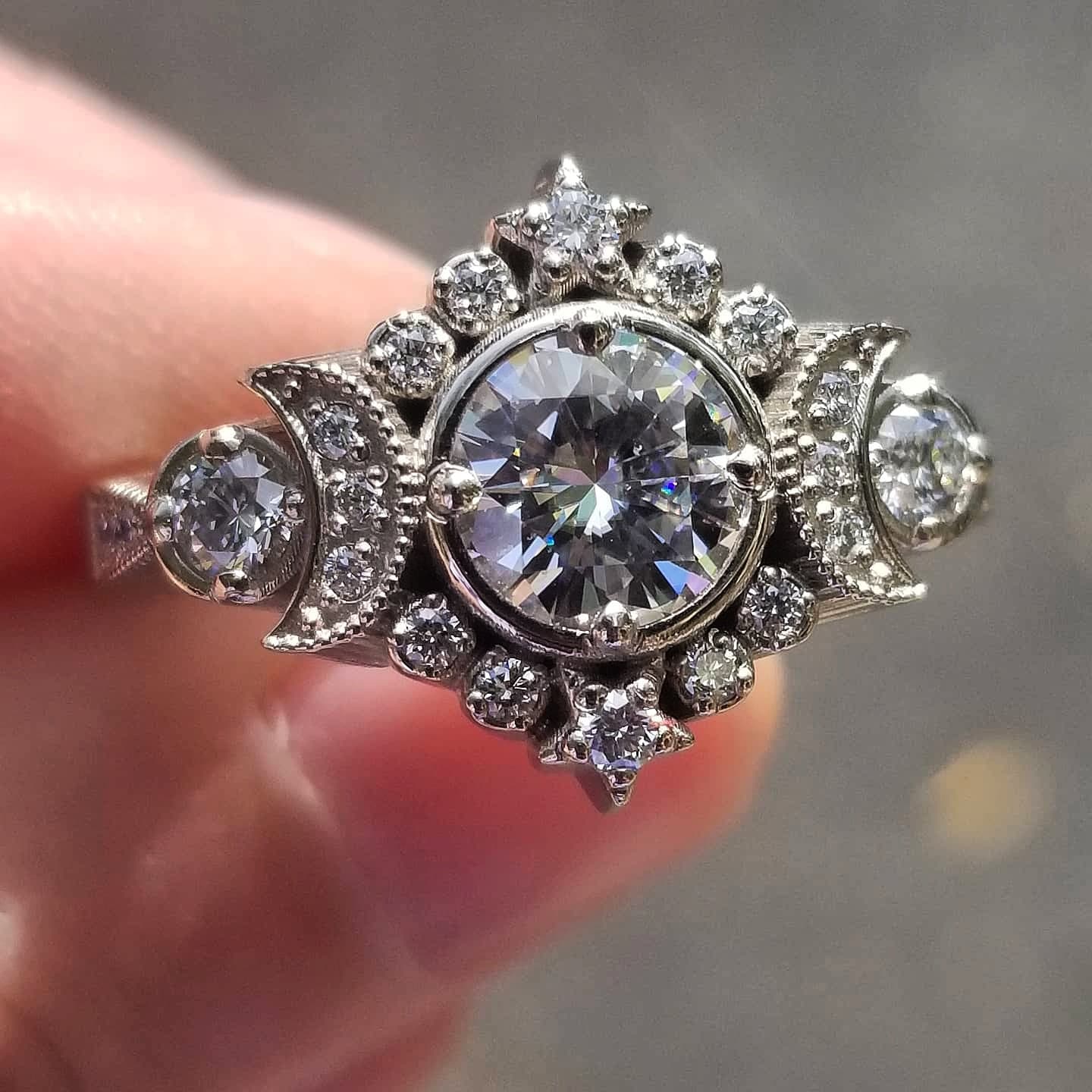 Selene Moon Goddess Engagement Ring Diamond Lunar Boho Wedding -14k Gold - Image 6