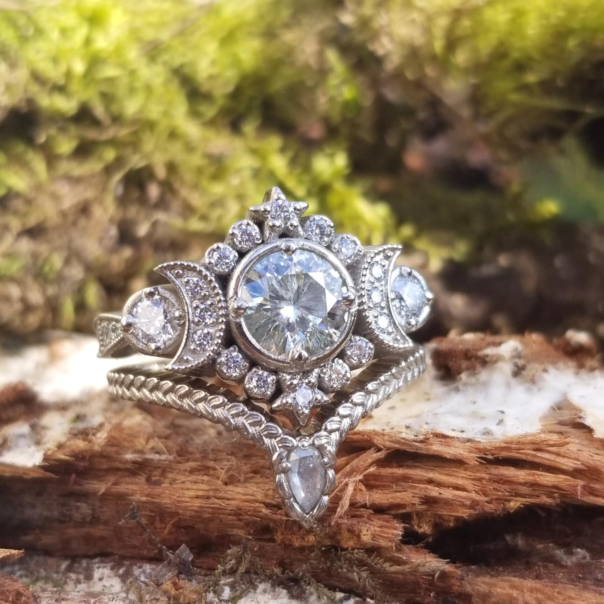 Selene Moon Goddess Engagement Ring Diamond Lunar Boho Wedding -14k Gold - Image 8