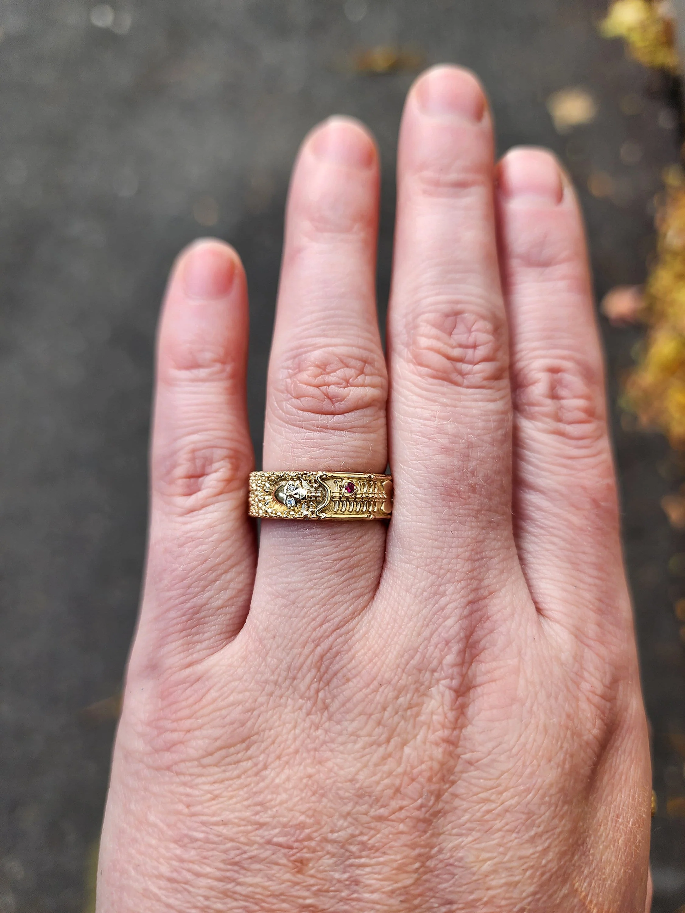 Size 8.75-9.25- Skeleton Wedding Band with Diamond Eyes and Ruby Heart - 14k Yellow Gold - Image 10