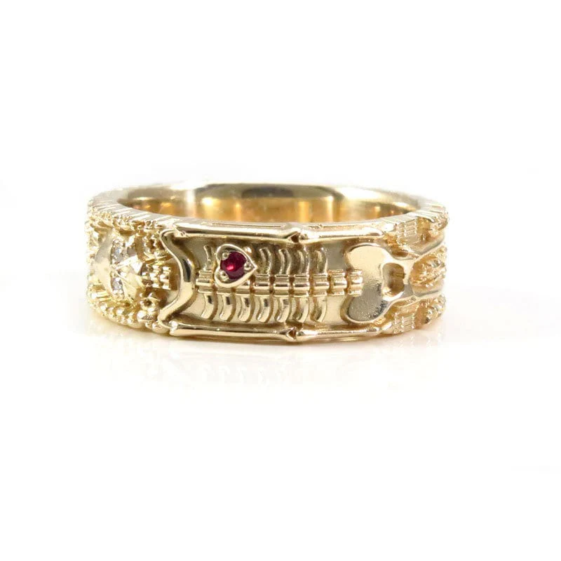 Size 8.75-9.25- Skeleton Wedding Band with Diamond Eyes and Ruby Heart - 14k Yellow Gold - Image 3