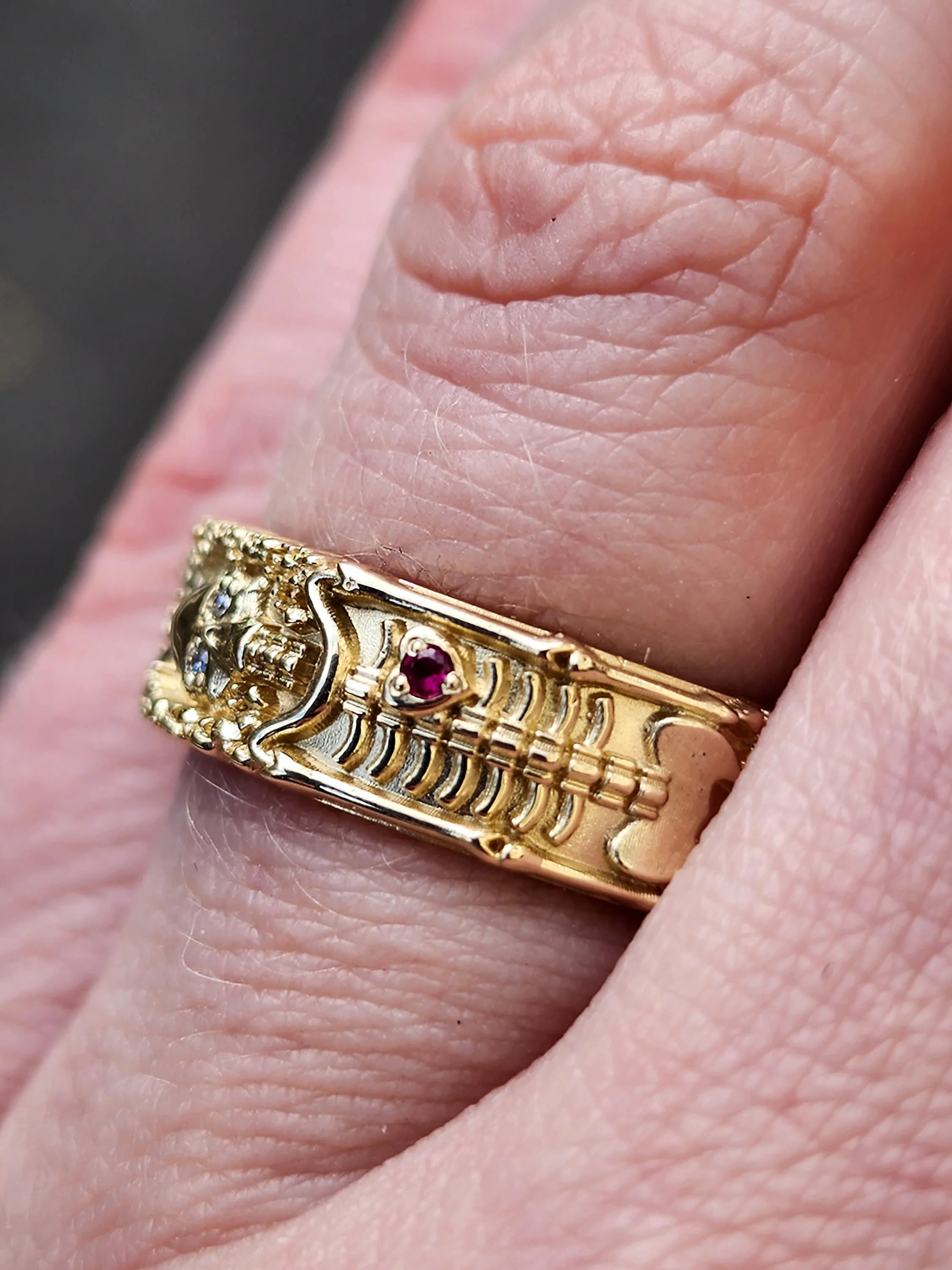 Size 8.75-9.25- Skeleton Wedding Band with Diamond Eyes and Ruby Heart - 14k Yellow Gold - Image 4