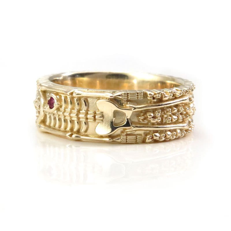 Size 8.75-9.25- Skeleton Wedding Band with Diamond Eyes and Ruby Heart - 14k Yellow Gold - Image 5