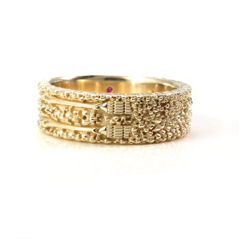 Size 8.75-9.25- Skeleton Wedding Band with Diamond Eyes and Ruby Heart - 14k Yellow Gold - Image 8
