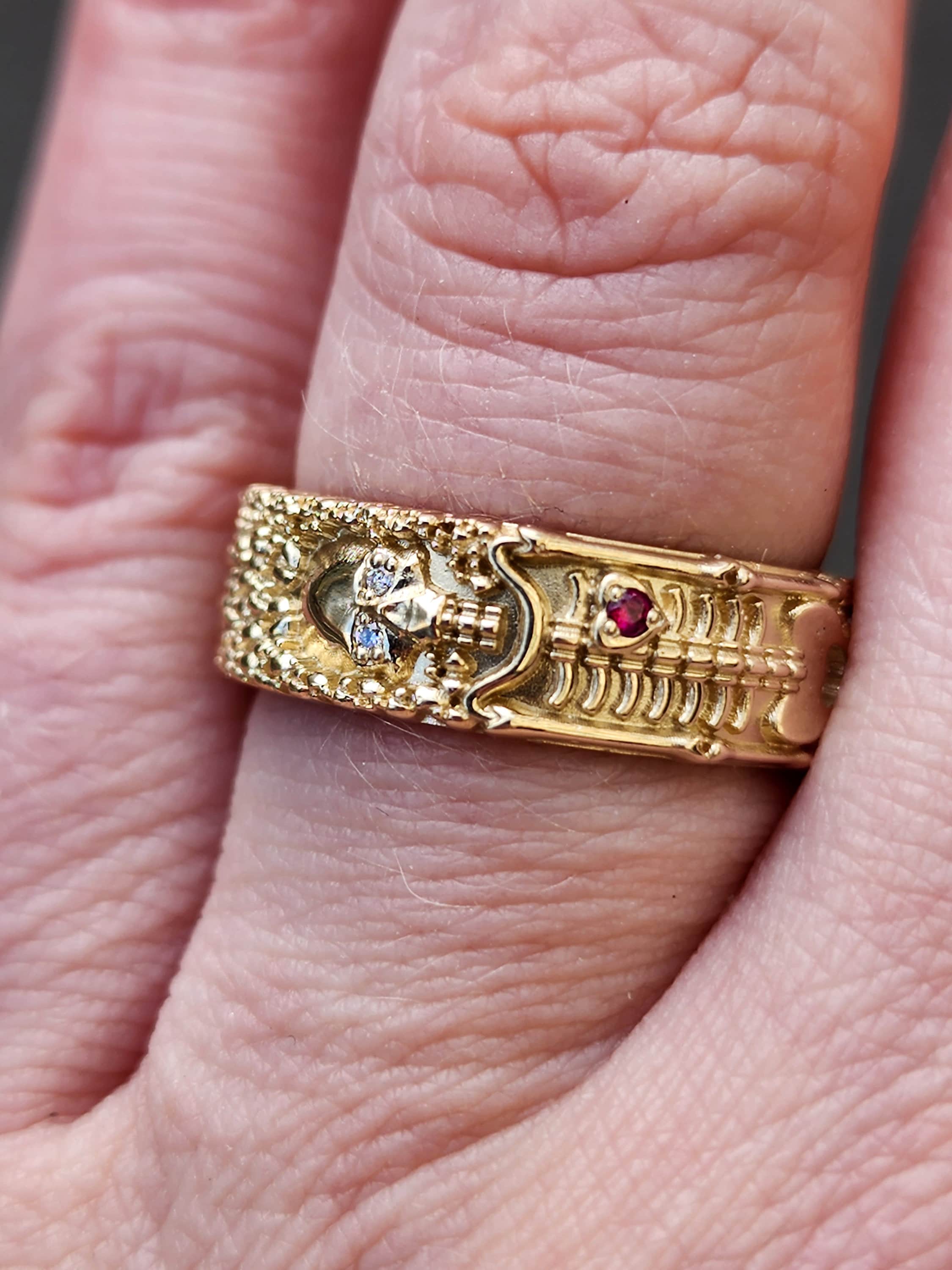 Size 8.75-9.25- Skeleton Wedding Band with Diamond Eyes and Ruby Heart - 14k Yellow Gold - Image 9