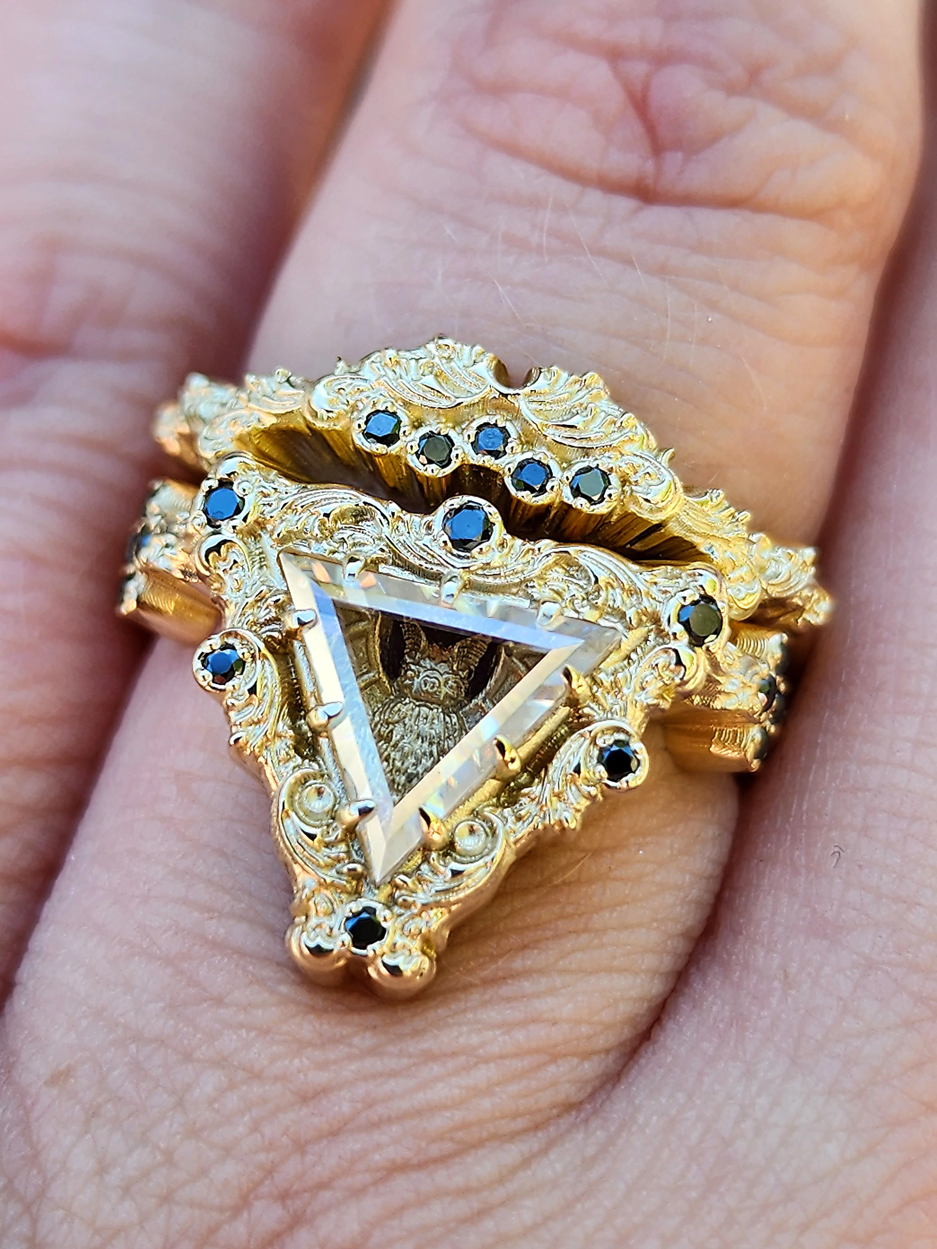 Victorian Gothic Bat Engagement Ring Shadow Box with Triangle Portrait Cut Moissanite Wedding Ring Set Baroque Scrolls with Black or White Diamonds 14k Gold Ethereal Unique Fine Jewelry - Image 10