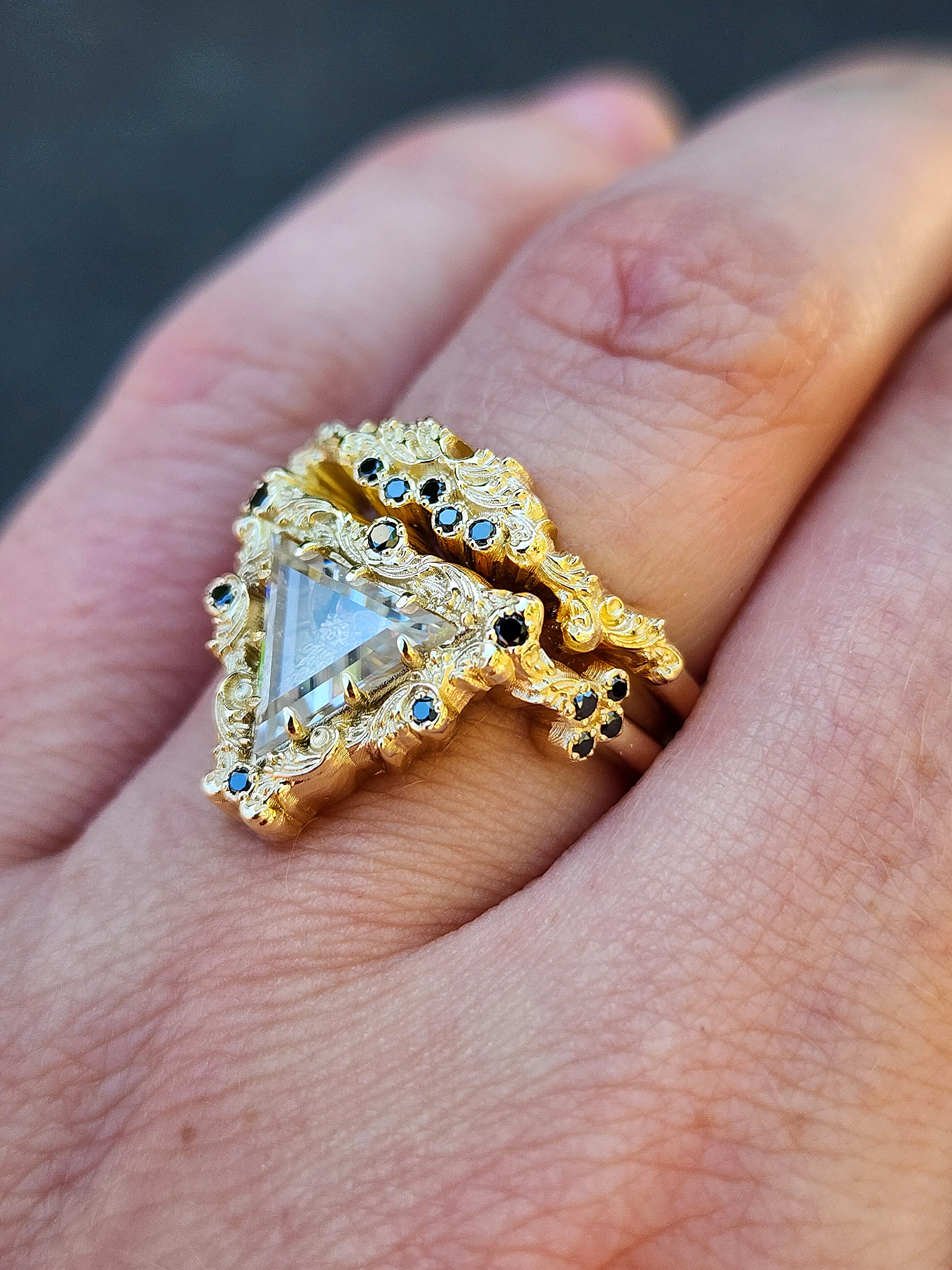 Victorian Gothic Bat Engagement Ring Shadow Box with Triangle Portrait Cut Moissanite Wedding Ring Set Baroque Scrolls with Black or White Diamonds 14k Gold Ethereal Unique Fine Jewelry - Image 4