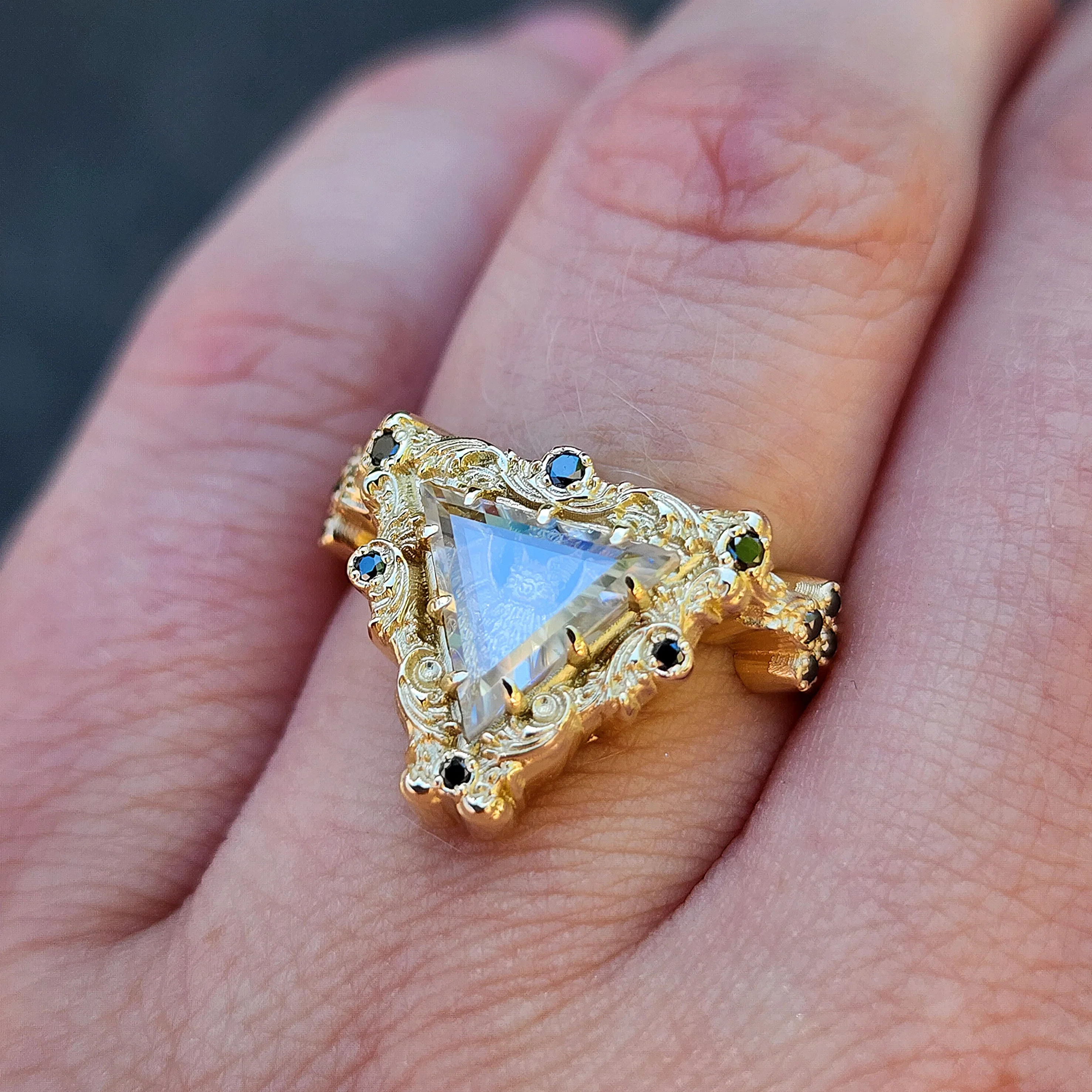 Victorian Gothic Bat Engagement Ring Shadow Box with Triangle Portrait Cut Moissanite Wedding Ring Set Baroque Scrolls with Black or White Diamonds 14k Gold Ethereal Unique Fine Jewelry - Image 6